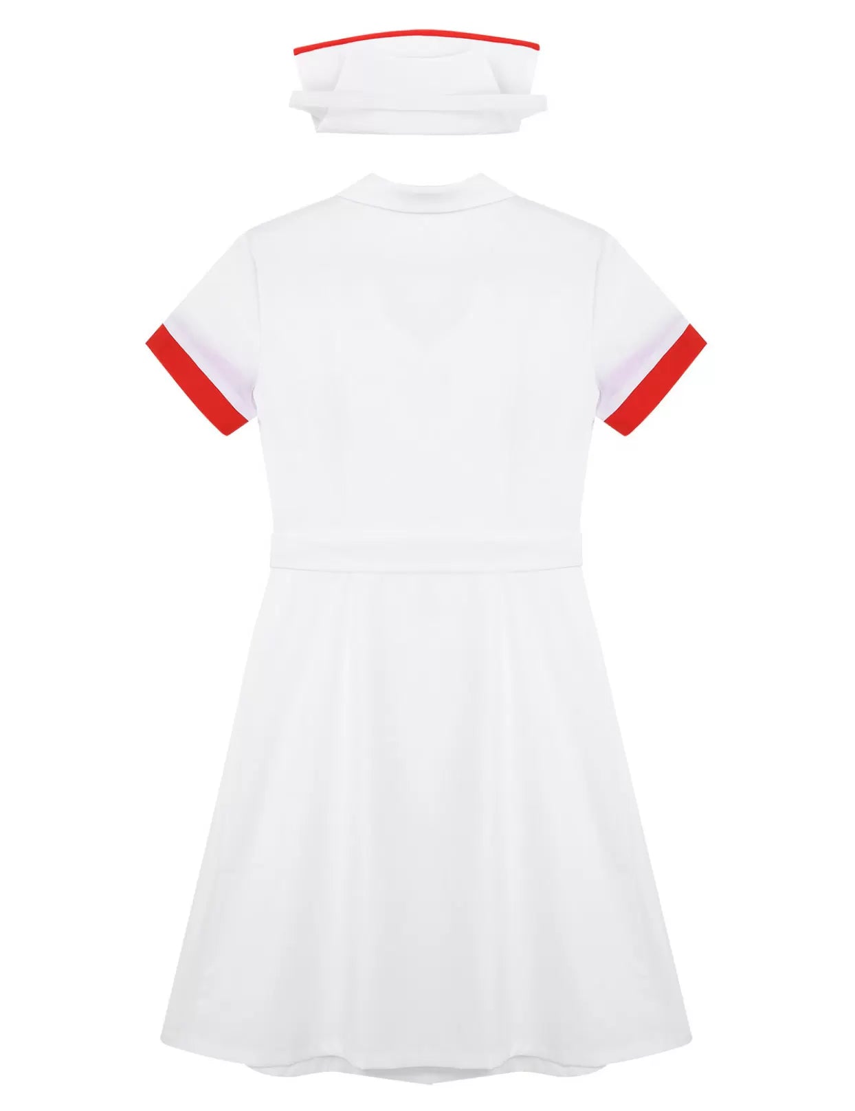 Women Lapel Collar Short Sleeve Button Down Nurse Costume Dress