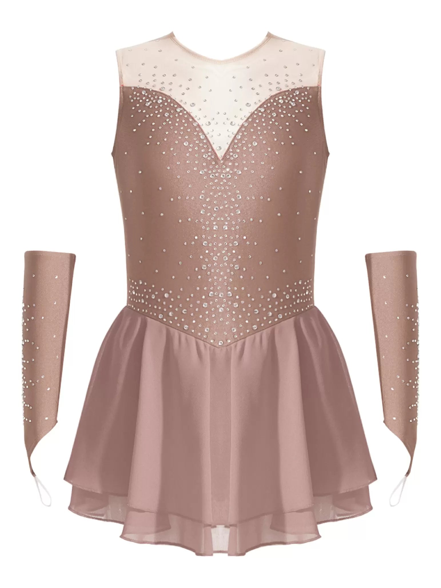 Kids Girls Sleeveless A-line Figure Skating Leotard Dress with Gloves