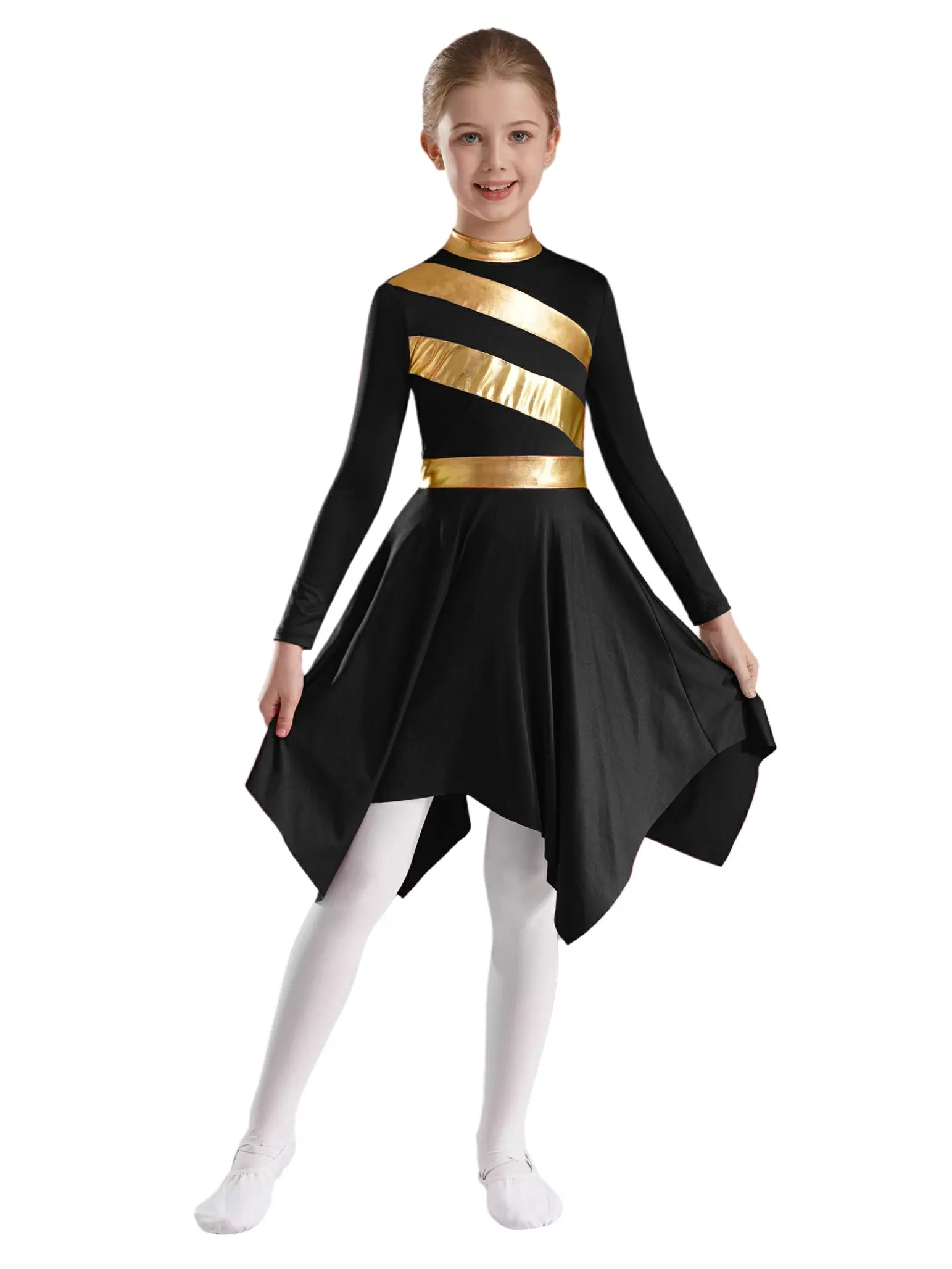 Kids Girls Metallic Long Sleeve Asymmetrical Dress for Praise Dance