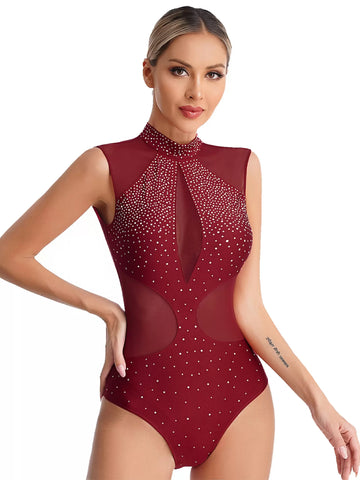 Women Sleeveless Cutout Back Sparkle Rhinestones Gymnastics Leotard