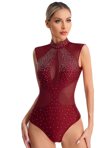 Women Sleeveless Cutout Back Sparkle Rhinestones Gymnastics Leotard