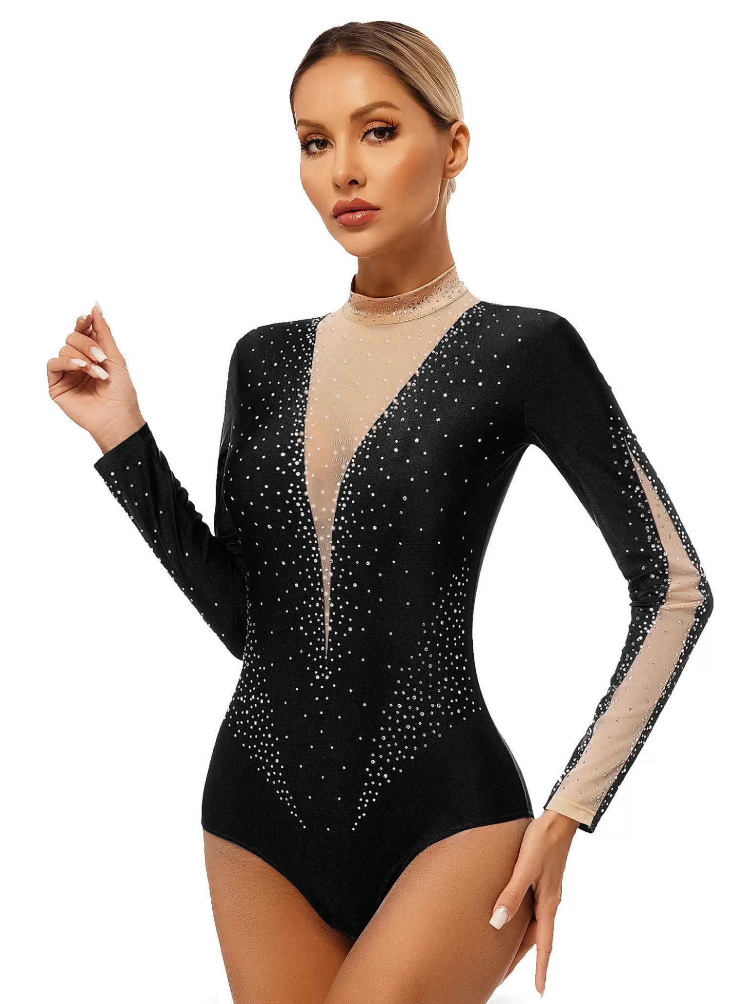 Women Long Sleeve Glittery Rhinestones Figure Skating Leotard