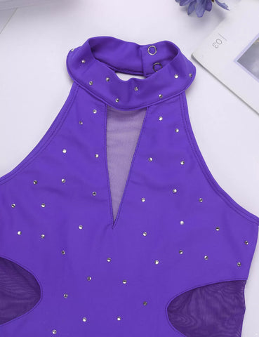 Kids Girls Sleeveless Sparkly Rhinestone Leotard for Skating