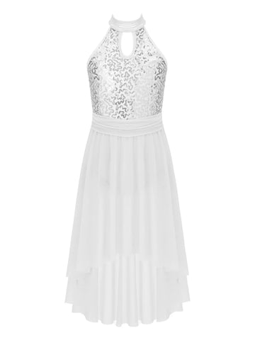 Kids Girls Sleeveless Halter Neck Sequins Hi-Low Lyrical Dance Dress
