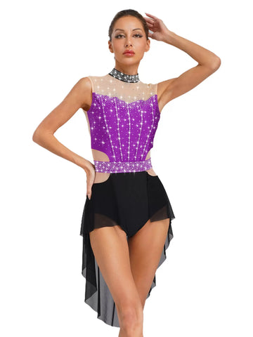 Women Lyrical Dance Dress Mock Neck Sleeveless Backless