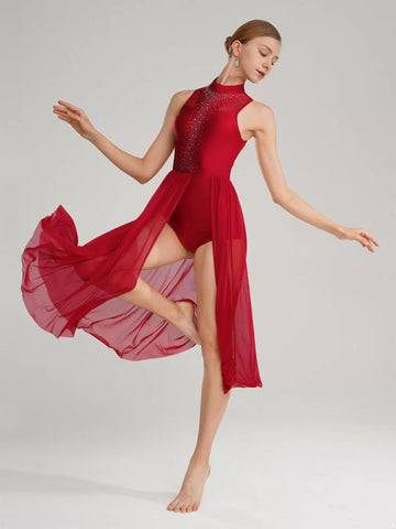 Robe de danse lyrique sans manches avec strass scintillants pour femmes