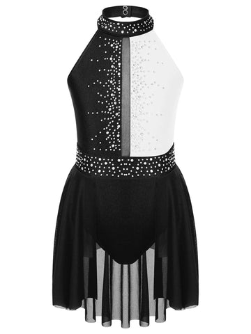 Kids Girls Sleeveless Shiny Rhinestone Figure Ice Skating Dance Dress