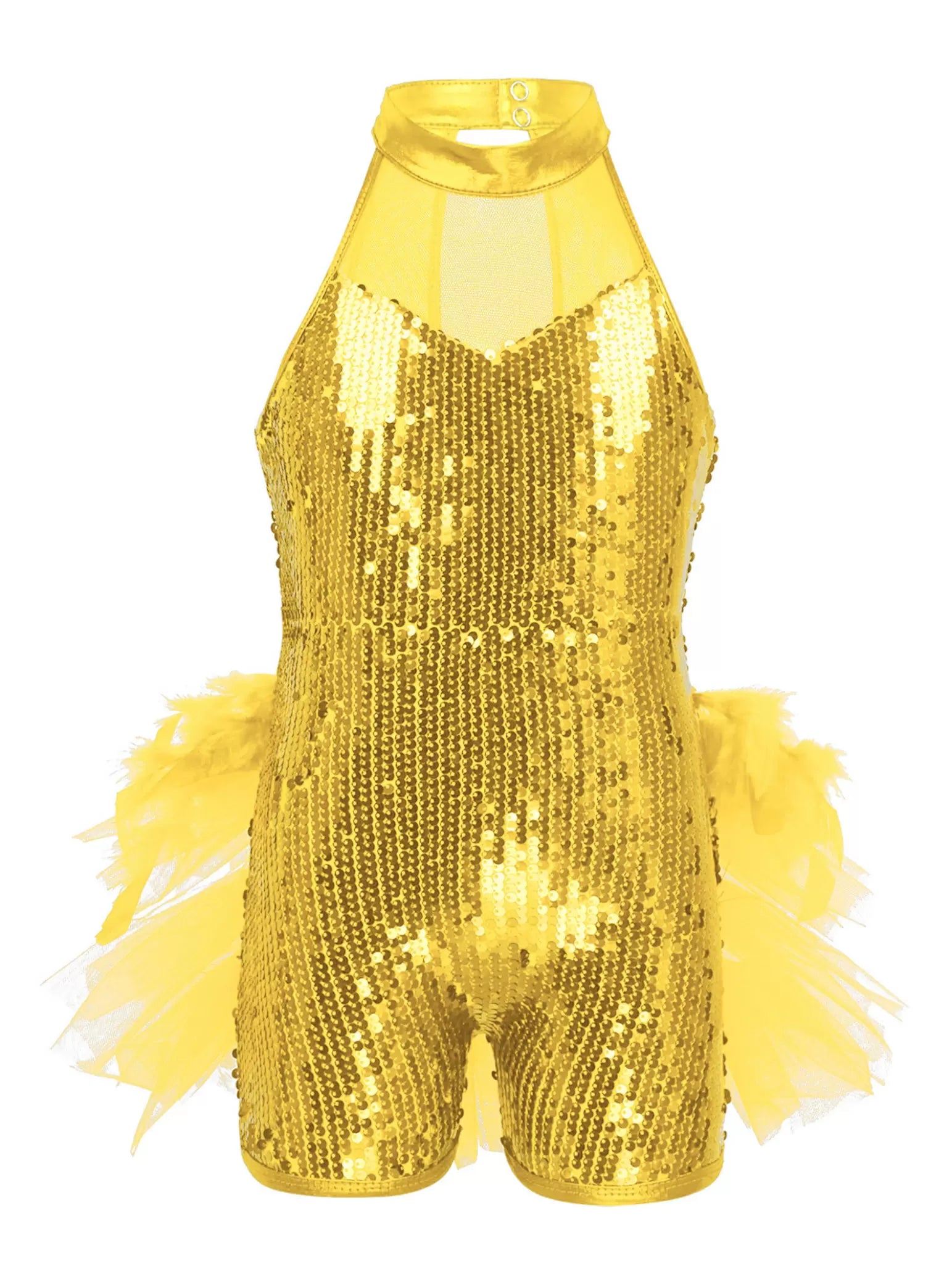 Kids Girls Sleeveless Mock Neck Sequins Jazz Latin Dance Tutu Leotard