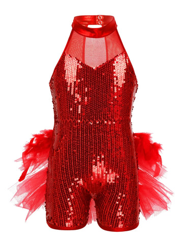 Kids Girls Sleeveless Mock Neck Sequins Jazz Latin Dance Tutu Leotard