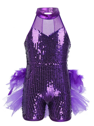 Kids Girls Sleeveless Mock Neck Sequins Jazz Latin Dance Tutu Leotard