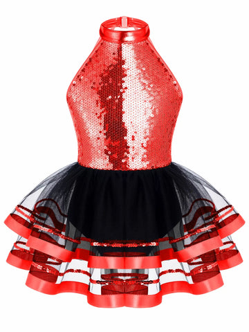 Kids Girls Sleeveless Sequins Jazz Dance Leotard Dress