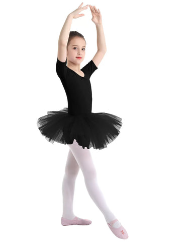 Kids Girls Short Sleeve Ballet Dance Dress Tulle Tutu Skirt Leotard