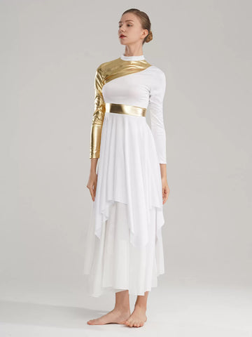 Women Long Sleeve Metallic Liturgical Praise Dance Dress