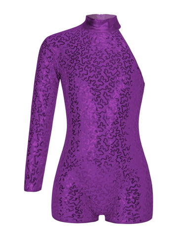 Girls Sequins Jazz Dance Gymnastic Leotards One Sleeve Romper