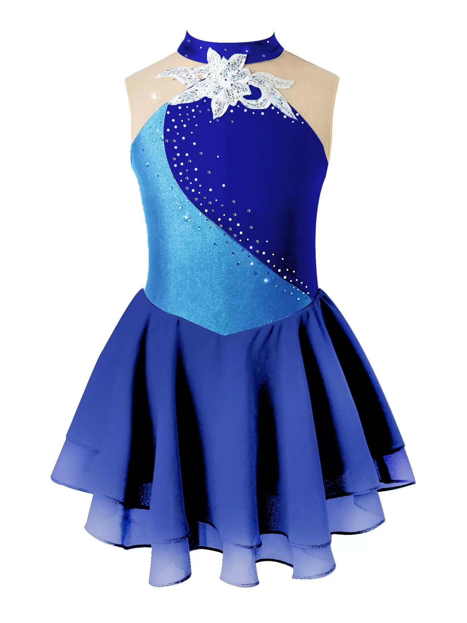 Girls Sleeveless Rhinestone Color Block Figure Ice Skating Dress