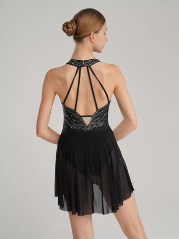 Women Sleeveless Rhinestones Lyrical Dance Mini Dress