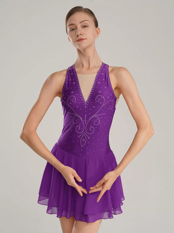 Womens Sleeveless Graphic Rhinestones Figure Skating Leotard Dress