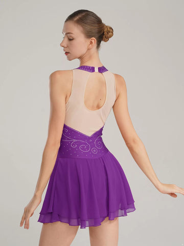 Womens Sleeveless Graphic Rhinestones Figure Skating Leotard Dress