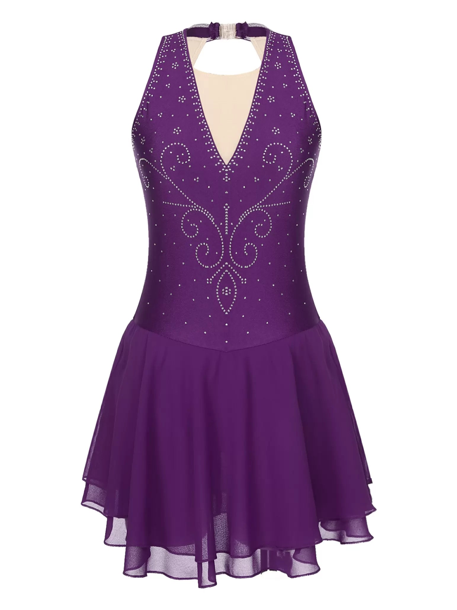Womens Sleeveless Graphic Rhinestones Figure Skating Leotard Dress