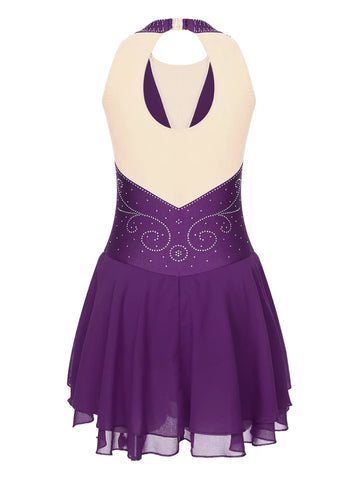 Womens Sleeveless Graphic Rhinestones Figure Skating Leotard Dress