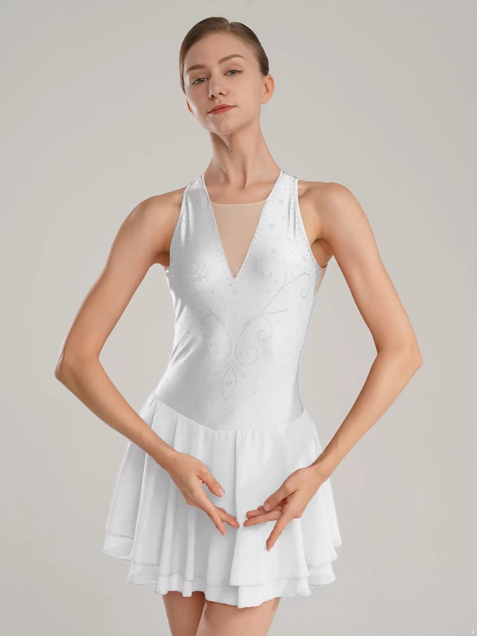 Womens Sleeveless Graphic Rhinestones Figure Skating Leotard Dress