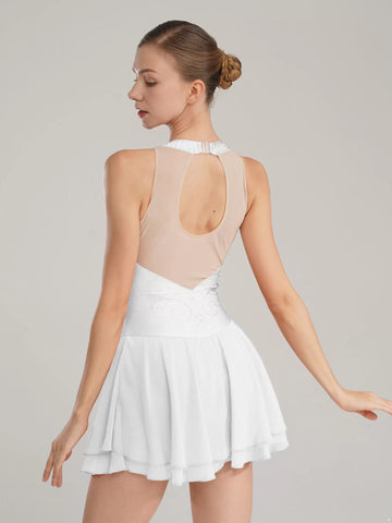 Womens Sleeveless Graphic Rhinestones Figure Skating Leotard Dress