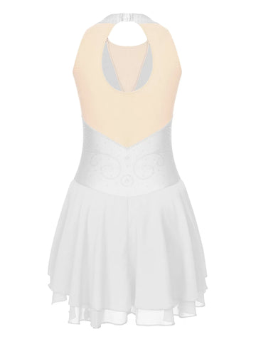 Womens Sleeveless Graphic Rhinestones Figure Skating Leotard Dress