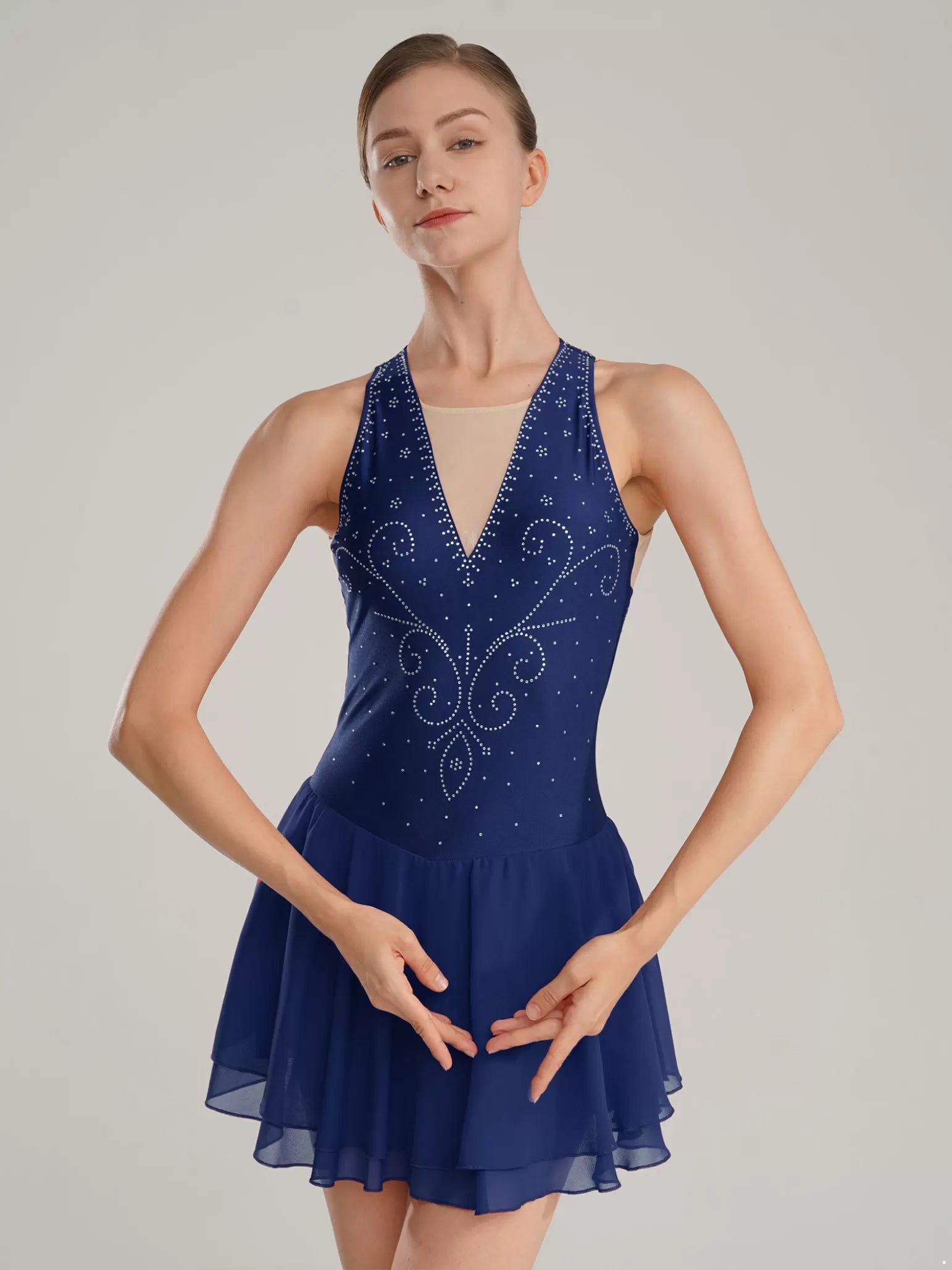 Womens Sleeveless Graphic Rhinestones Figure Skating Leotard Dress