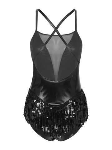 Women's Sleeveless Shiny Sequins Tassel Latin Jazz Dance Leotard