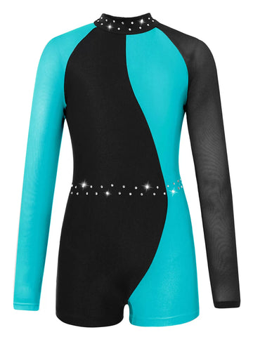 Girls Long Sleeve Rhinestone Dance Gymnastic Leotard Biketard Jumpsuit