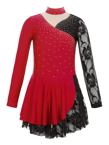 Kids Girls Lace Long Sleeve Floral Lace Figure Ice Skating Dance Dress