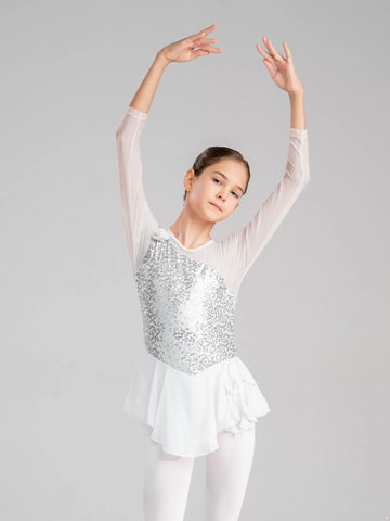Kids Girls Long Sleeve Sequins Ballet Dance Leotard Dress