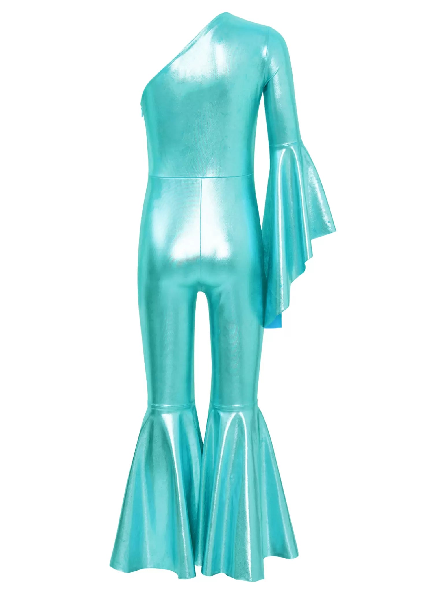 Kids Girls Glossy Metallic Bell-Bottom One Shoulder Dance Jumpsuit