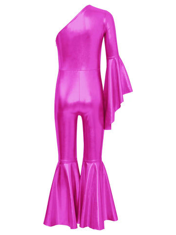 Kids Girls Glossy Metallic Bell-Bottom One Shoulder Dance Jumpsuit