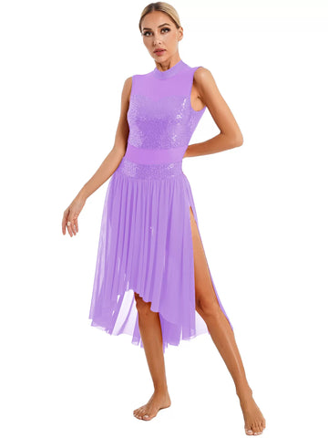 Women Sequin Backless Mesh Lyrical Dance Leotard Dresses