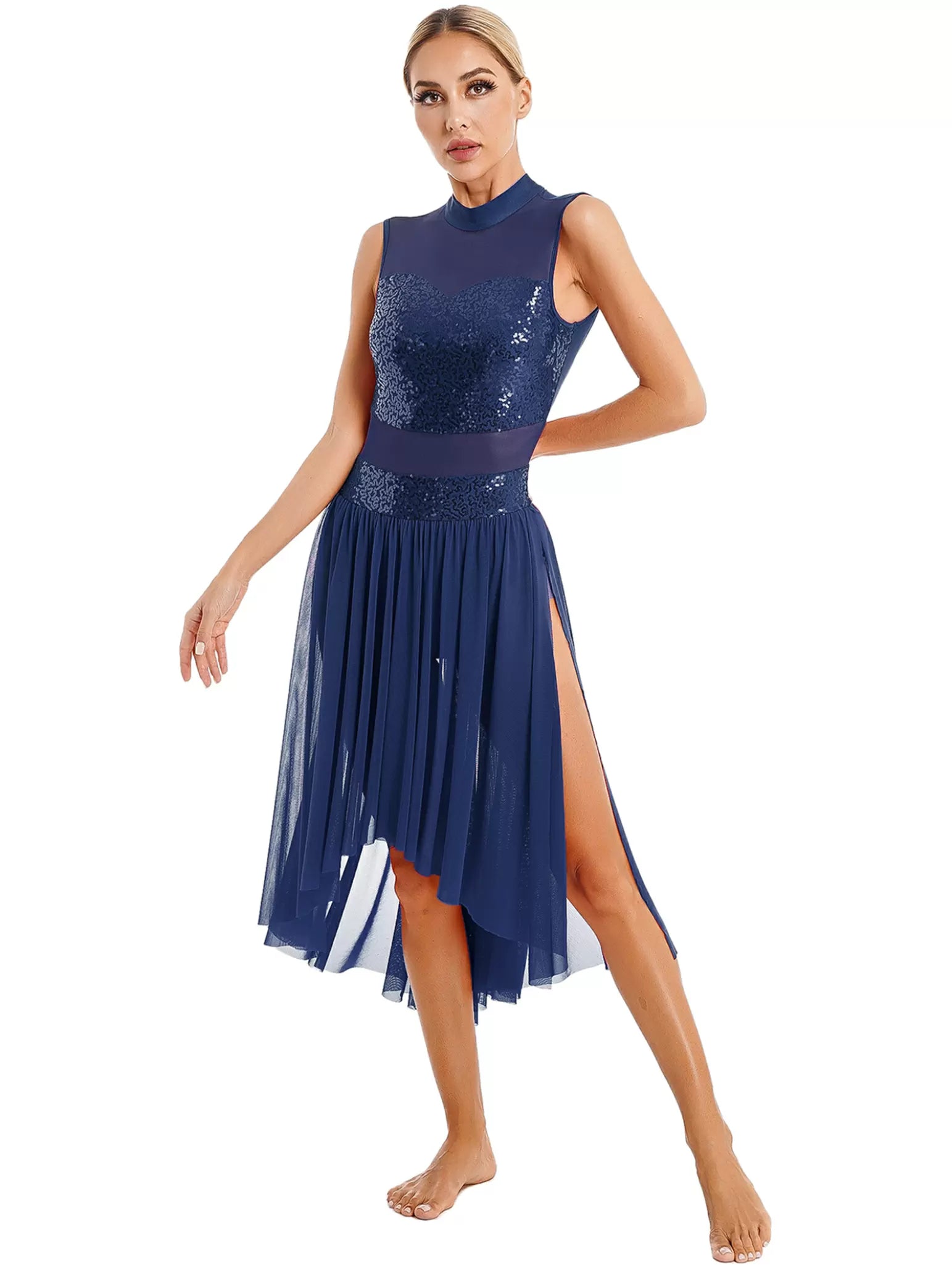 Women Sequin Backless Mesh Lyrical Dance Leotard Dresses