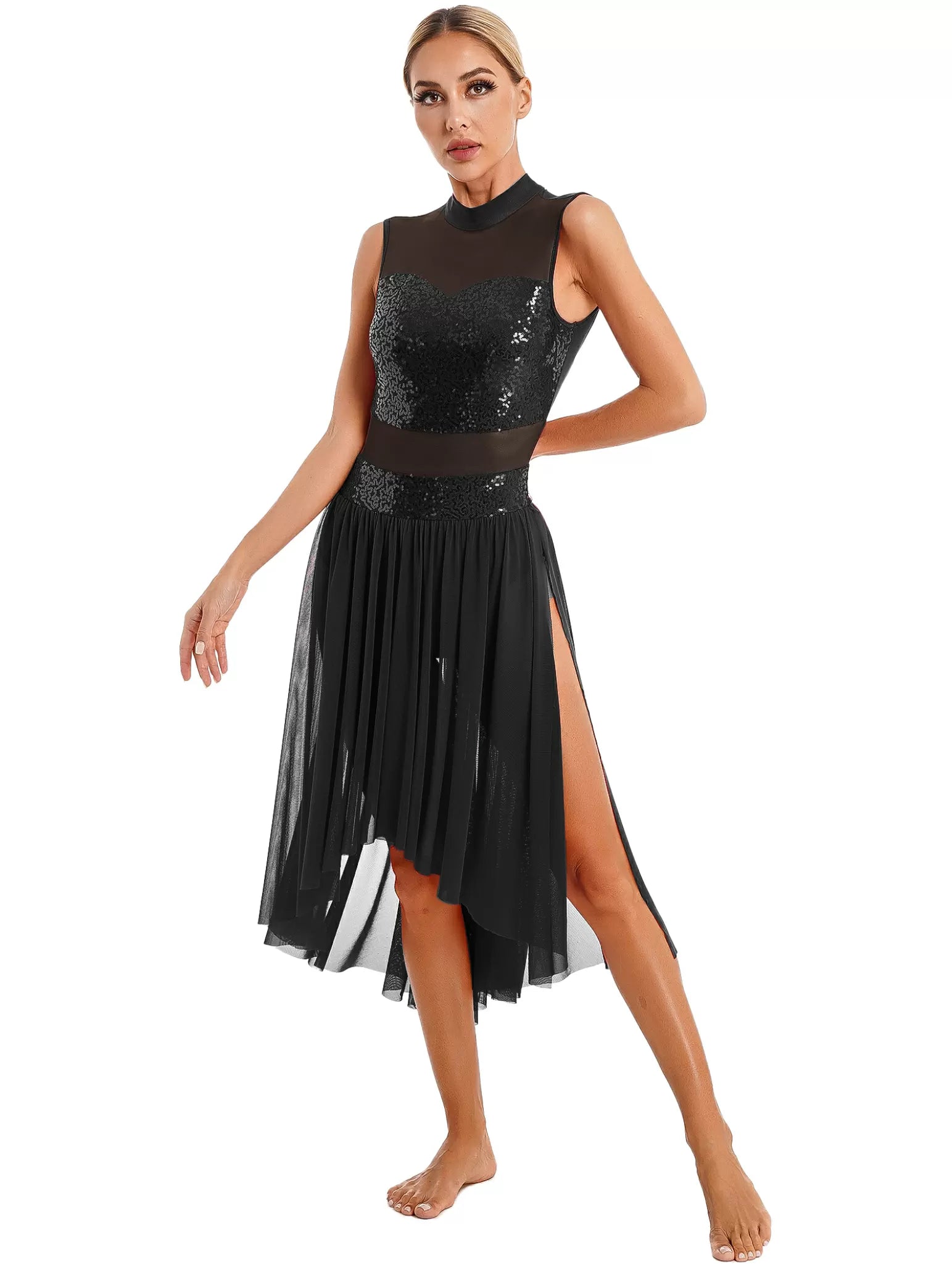 Women Sequin Backless Mesh Lyrical Dance Leotard Dresses