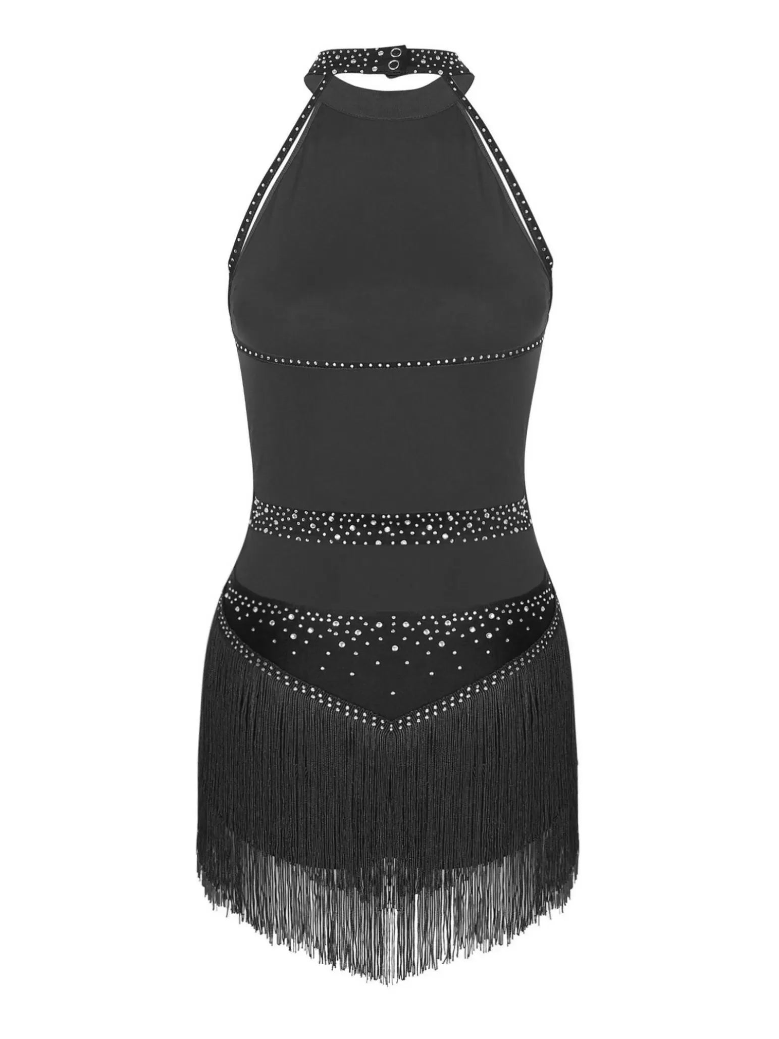 Women Shiny Rhinestones Tassel Backless Ballroom Latin Dance Leotard