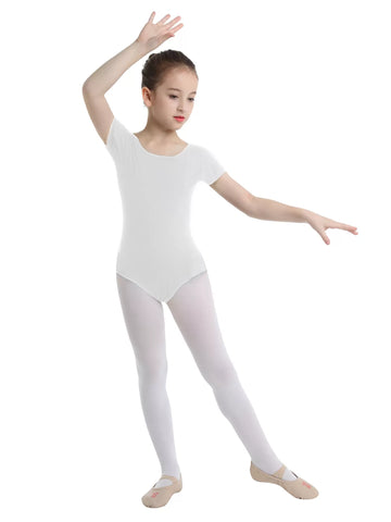 Kids Girls Short Sleeves Solid Gym Dance Leotard