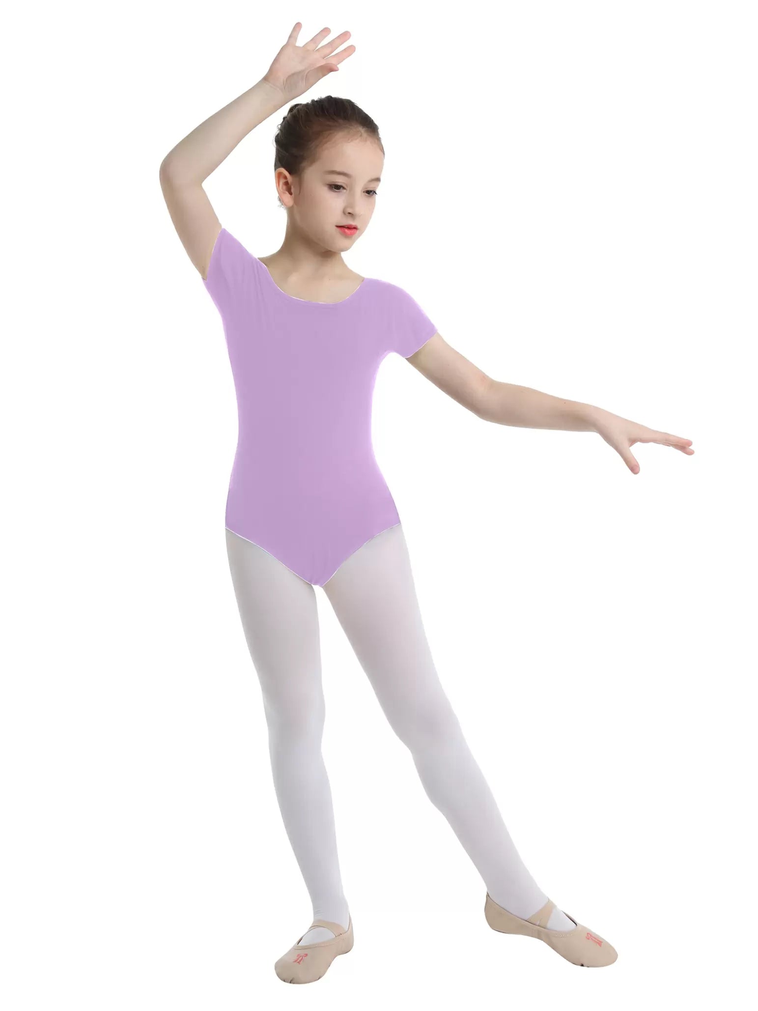 Kids Girls Short Sleeves Solid Gym Dance Leotard
