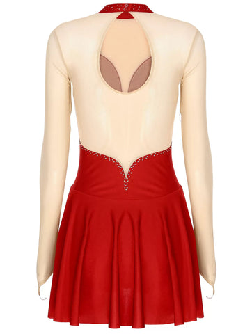 Women Long Sleeve Hollow Back Figure Skating Dance Dress